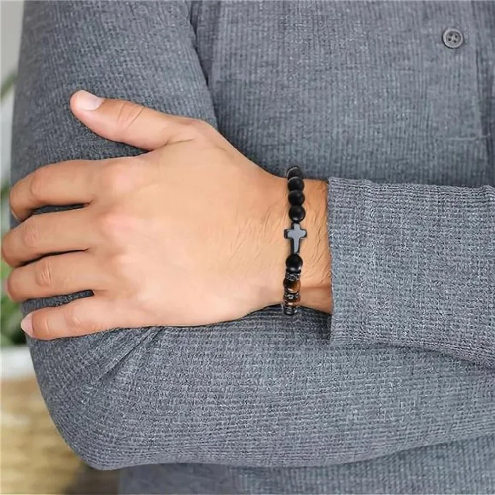 Mens Cross Bracelet Black Tiger Eye Beads Adjustable Christian Religious Gift